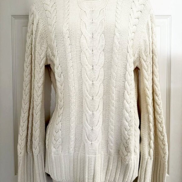 NWT Polo Ralph Lauren Cream 100% Cotton Cable Knit Leather Trim Button Sweater M - Picture 2 of 10
